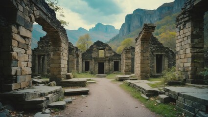Ruins of an ancient site at the end of the trail with empty space for text