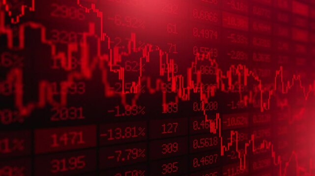 Red candles of the bearish stock market trading. Chart with falling prices. Exchange trading. Stop loss and liquidations. Decreasing trend and losses. Economic crisis. Recession and stocks crash