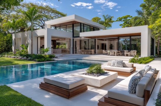 Modern Miami mansion with outdoor pool and fire pit, large glass windows, lush green grass lawn, palm trees, white potted plants, stone walkways