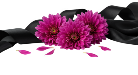 Three purple flowers with a black ribbon isolated on transparent background