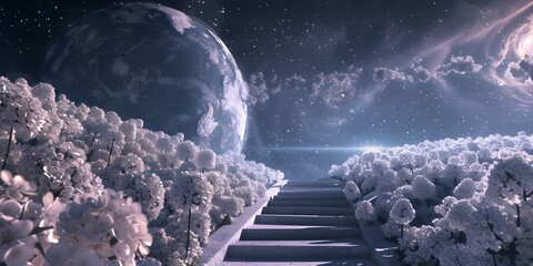Surreal Full Moon and Floating Stairs