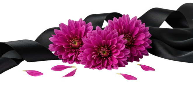Three purple flowers with a black ribbon isolated on transparent background - Powered by Adobe
