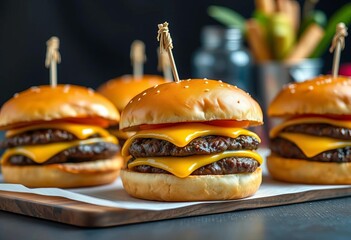 Juicy mini beef burgers on toasted buns with melted cheese,  sesame seeds,  burger
