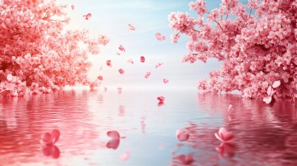 A vibrant image of cherry blossom trees reflecting in a calm lake, with petals floating on the water, creating a serene and picturesque scene of springtime beauty