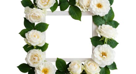 White roses and green leaves arranged around a square frame isolated on transparent background