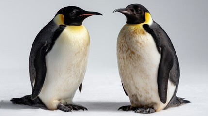 Fototapeta premium Two penguins stand tall against white background showing plumage. AI generated