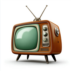 A vintage television set with wooden frame and green screen isolated on white background studio shot