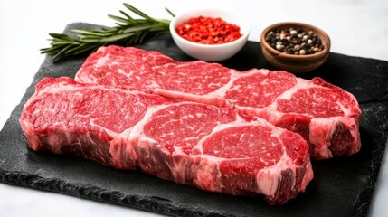 Fototapeta premium Close-Up of Fresh Raw Angus Ribeye Chops with Vibrant Red Marbling and Black Peppercorns
