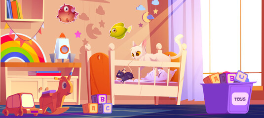 Obraz na płótnie Canvas White cat chases black mouse across wooden crib in playful children room. Colorful shelf with rainbow, rocket toy, alphabet blocks scatter below. Bright nursery walls decorated with stars and moon.