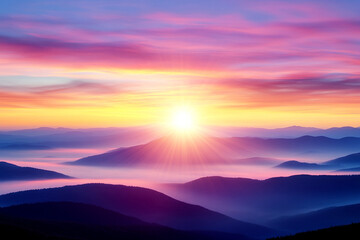 Obraz premium Mountain peaks rise above dense fog during a colorful sunrise