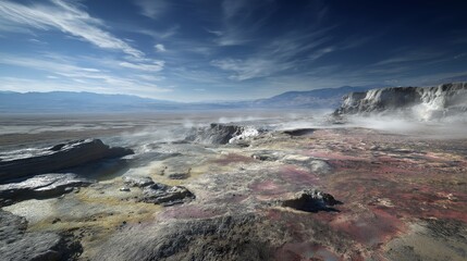 Obraz premium Vapor rises above geothermal activity landscape with rocky terrain. AI generated