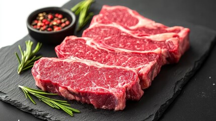 Obraz premium Three Beautiful Cuts of Raw Angus Ribeye Showcasing Luxurious Marbling in Bright Butcher Lighting