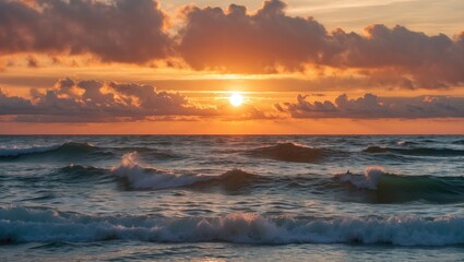 Obraz premium Breathtaking sea sunset, featuring the sun, waves, and clouds.