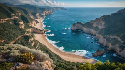 Obraz premium Amazing coast viewed from above with cliffs, sandy beach, and ocean waves. Nature and landscape, scenic view, coastline. The concept of breathtaking coastal scenery.