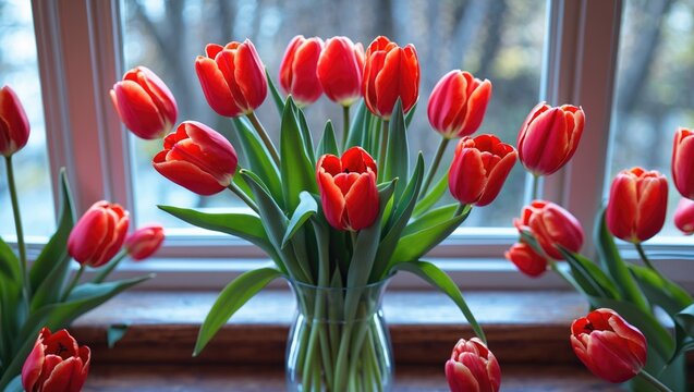 A bouquet of red tulips in a vase on the windowsill, a gift for a day from red tulip flowers. Beautiful red flowers in a vase by the window.