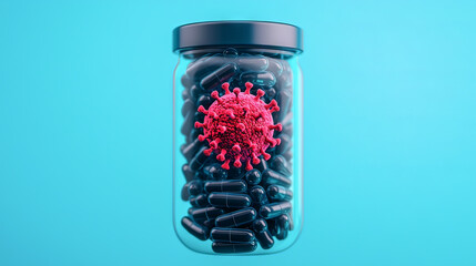 a cylindrical, transparent container filled with dark, elongated capsules is set