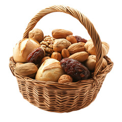 Basket filled with bread nuts and dried fruits on transparent background