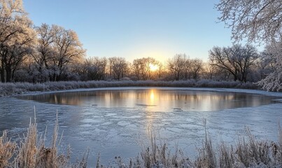 Obraz premium peaceful frozen lake reflecting the golden light of the setting sun, with frosted trees framing the edges, Generative AI