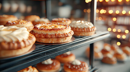 the image showcases a display case filled with several baked pastries. the pastries