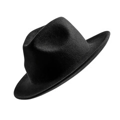 Black Fedora Hat Shown from a Stylish Side Angle with Soft Lighting and Transparent Background

