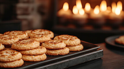 a batch of freshly baked round treats rests on a dark, rectangular platter. the treats, with their golden brown crusts,