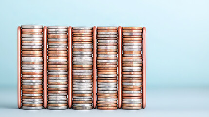 the image displays multiple stacks of metal currency, neatly arranged on a light