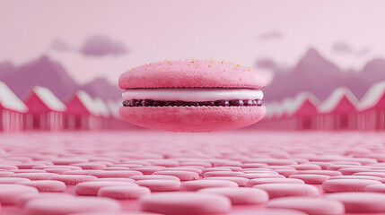 the scene features a very large dessert hovering above a pink landscape of similarly shaped objects.