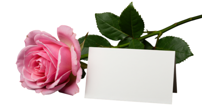 Pink rose with green leaves and a blank white card isolated on transparent background