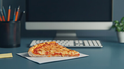 a slice of pizza sits on a piece of white paper on a blue desk, with office supplies in the background.