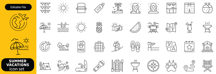 Summer Vacation Editable Icons set. Vector illustration in modern thin line style of travel related icons sea, surfing, beach, hotel, and more. Pictograms and infographics for mobile apps