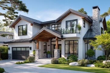 the front view of an elegant two-story modern home in British Columbia, Canada, with stone accents and white trim