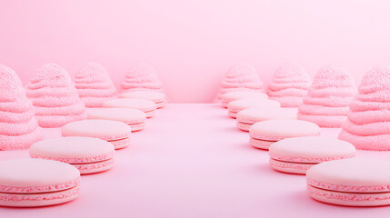 the all pink scene features a symmetrical arrangement of circular confections, displayed in parallel rows, leading towards the center of the image.