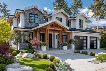 Obraz premium the front view of an elegant two-story modern home in British Columbia, Canada, with stone accents and white trim