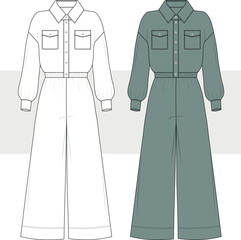 Women's wide leg relaxed fit jumpsuit technical fashion drawing, flat sketch vector illustration. Army style jumpsuit set, CAD, Mockup.