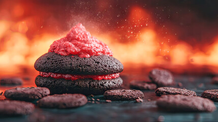 the focal point of the image is a dessert that is composed of two dark baked treats sandwiched together with a red filling,