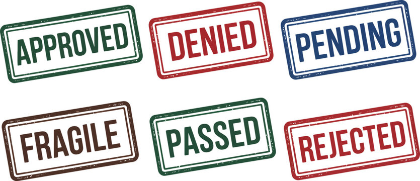 Various rectangular stamps displaying different words such as approved and rejected on a white background