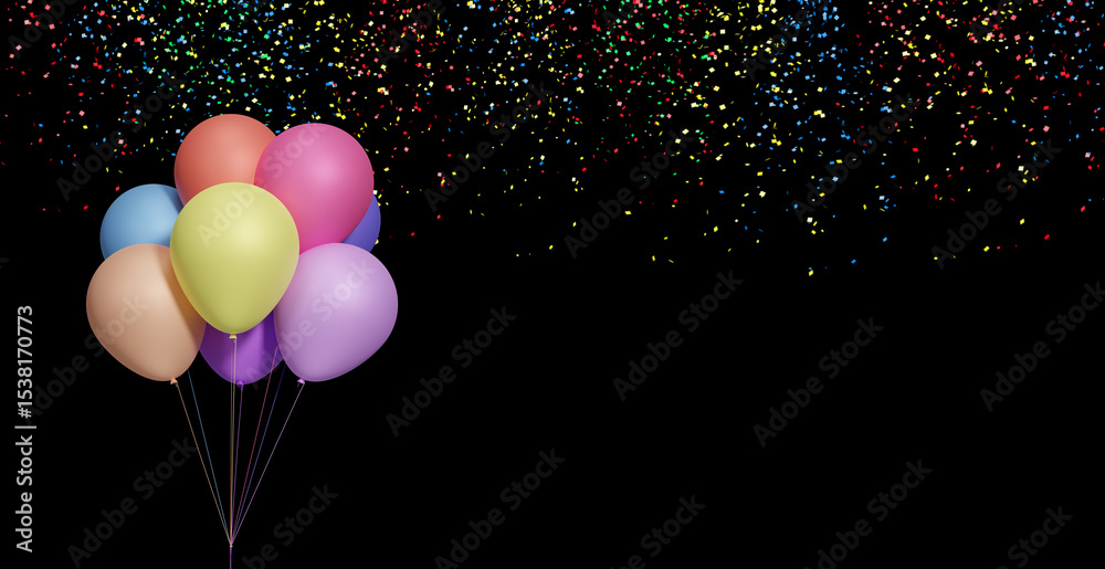 Aufkleber Bunch of colorful balloons on black background with confetti. Empty space for text. 3d rendering
