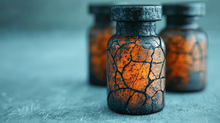a group of small bottles are situated on a textured surface. the lead bottle features a network of cracks across its amber body,