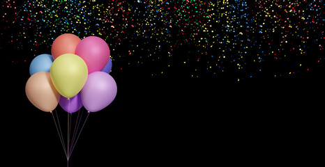 Bunch of colorful balloons on black background with confetti. Empty space for text. 3d rendering