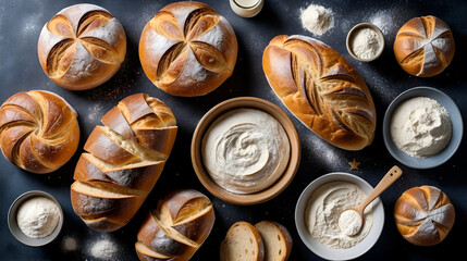 National Sourdough Bread Day festive flat lay with crusty sourdough loaves, flour dusting, and sourdough starter, no watermark, no brand, no license, no copyright