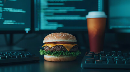 the scene shows a desk arrangement, prominently featuring a hamburger with a sesame seed bun,