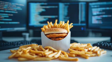 in an indoor setting, a box filled with crispy fries and a sandwich sits prominently in the foreground
