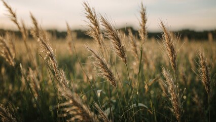 Fototapeta premium Dry grass field in sunset