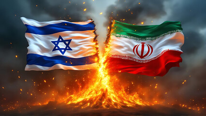 Split flags of Iran and Israel amid tension