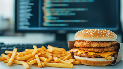 the scene depicts a large pile of golden fries and a double patty sandwich with melted cheese,