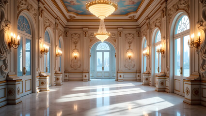 Sunlit Grand Ballroom Interior with City View