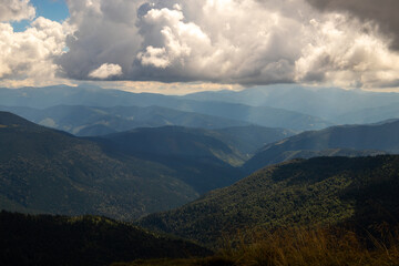 Obraz premium Fantastic scene of green meadows and forested mountain ranges in sunny weather. Location place Carpathians, Ukraine, Europe. Ecologically clean area. Photo wallpapers. Discovery the beauty of earth.