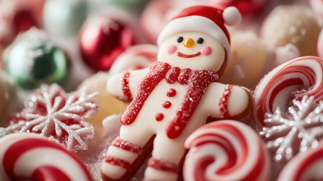Christmas-themed cookies featuring a snowman and candy canes