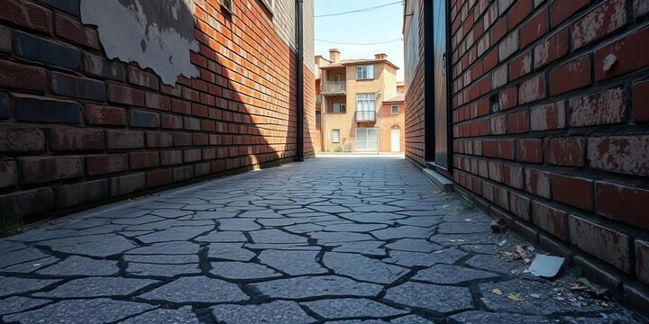Fototapeta Cracked asphalt, weathered brick, peeling paint, shadowed alleyway,  backdrop,  monochrome