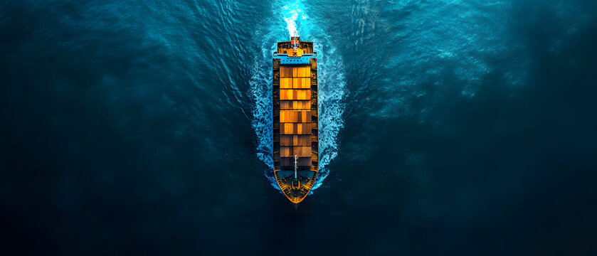 Aerial overhead view of a large cargo container ship floating in the deep blue ocean waters highlighting the role of export licensing and tariff policies in international trade and commerce
